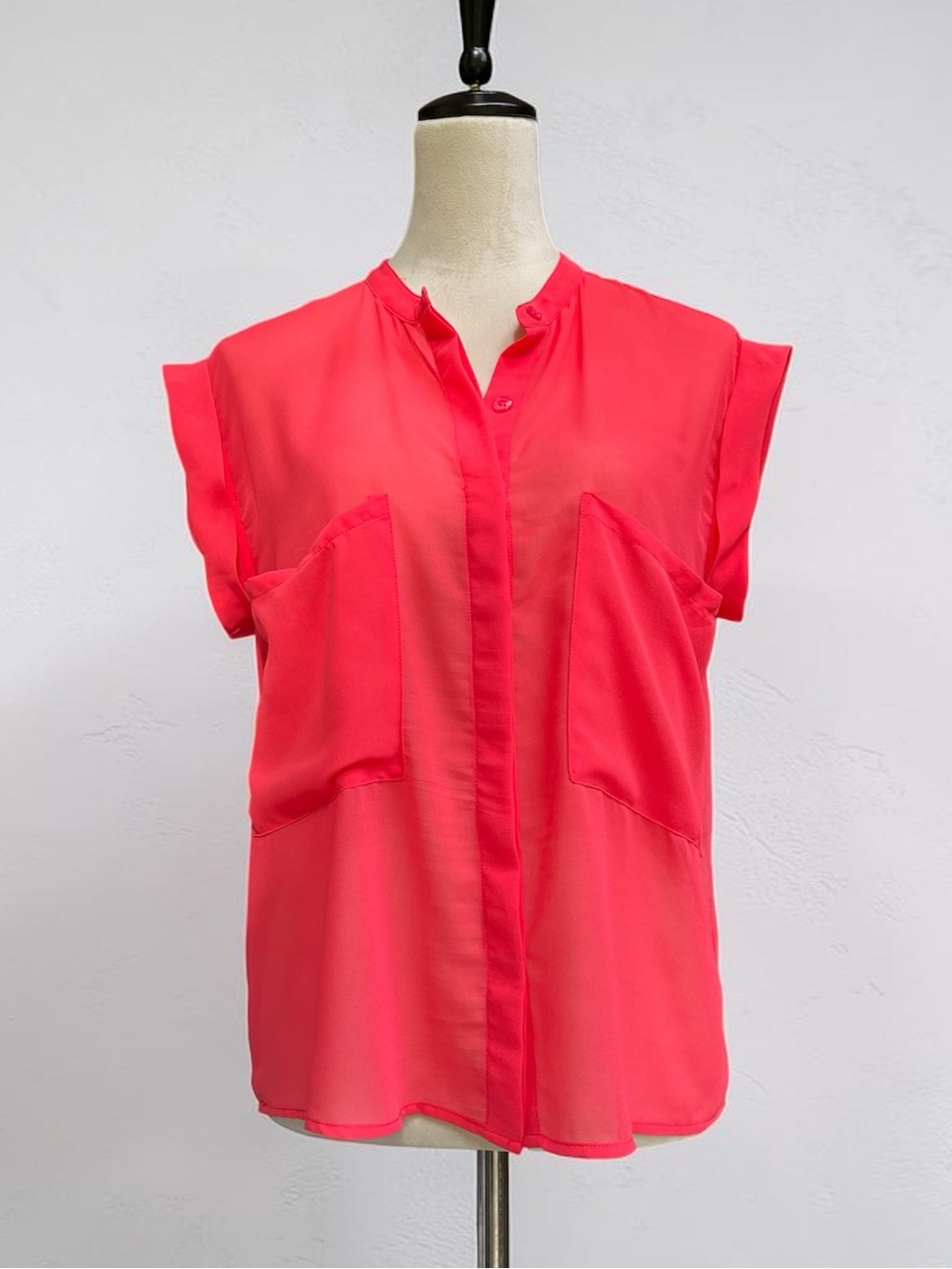 THML Neon Coral Pink Sleeveless Sheer Button-Down Utility Blouse Top Size S